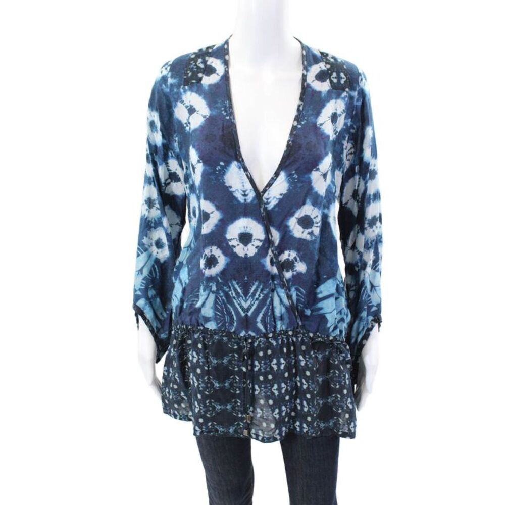 Bindya Womens Textured Drawstring Long Sleeve Abstract Top Blue Size S